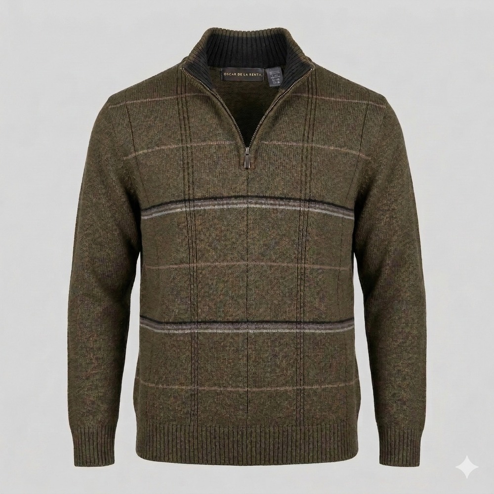 Oscar de la Renta 1/4 Zip Sweater Mens XL‎ Olive Green Plaid Striped Grandpacore
